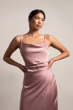 Tobi Maddy Satin Slit Midi Dress - Cabernet Red