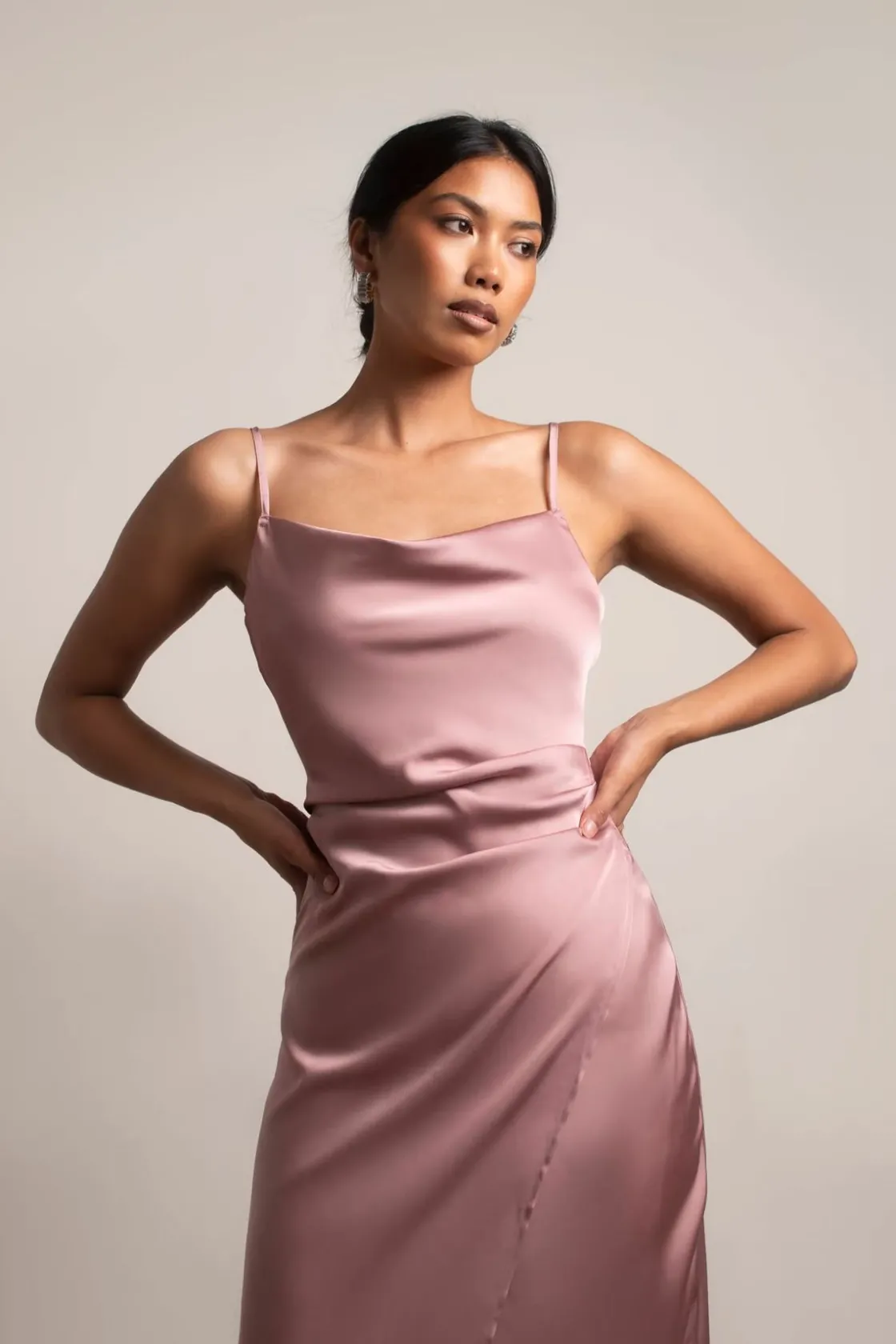 Tobi Maddy Satin Slit Midi Dress - Cabernet Red