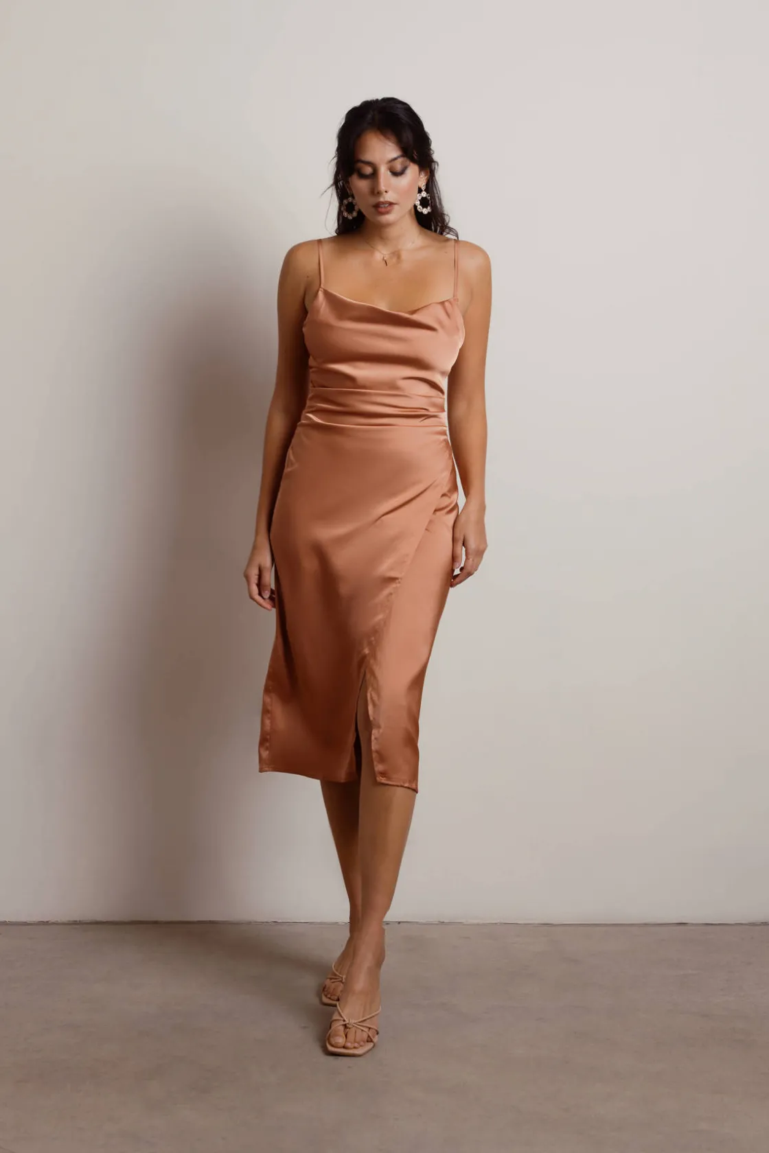 Tobi Maddy Satin Slit Midi Dress - Cabernet Red