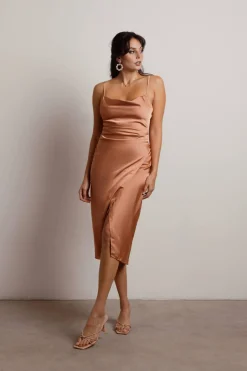 Tobi Maddy Satin Slit Midi Dress - Cabernet Red