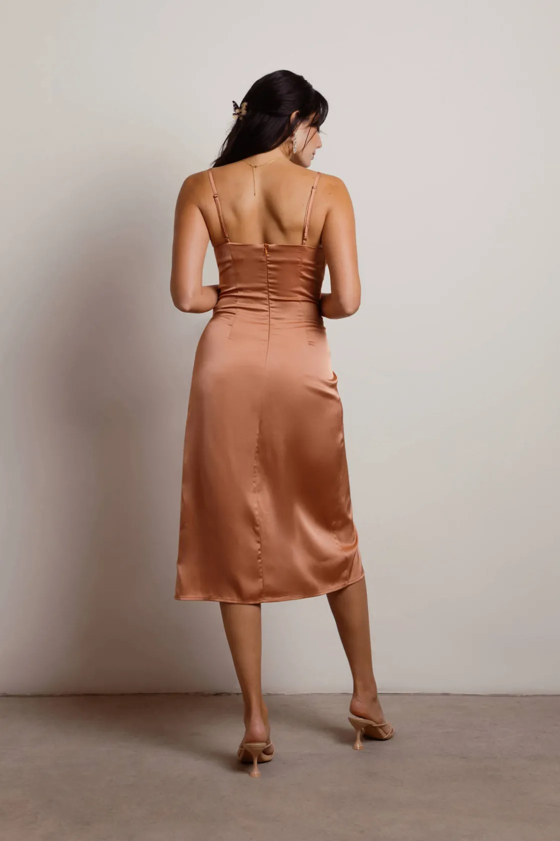 Tobi Maddy Satin Slit Midi Dress - Cabernet Red