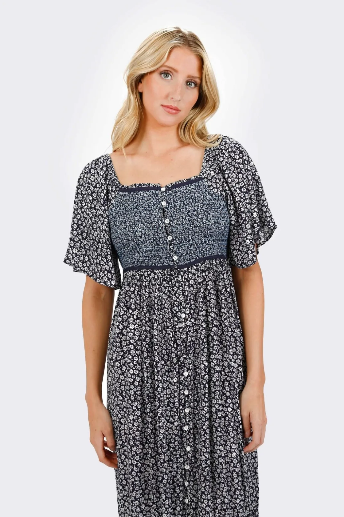 Tobi Maeve Smocked Buttoned Midi Dress - Midnight