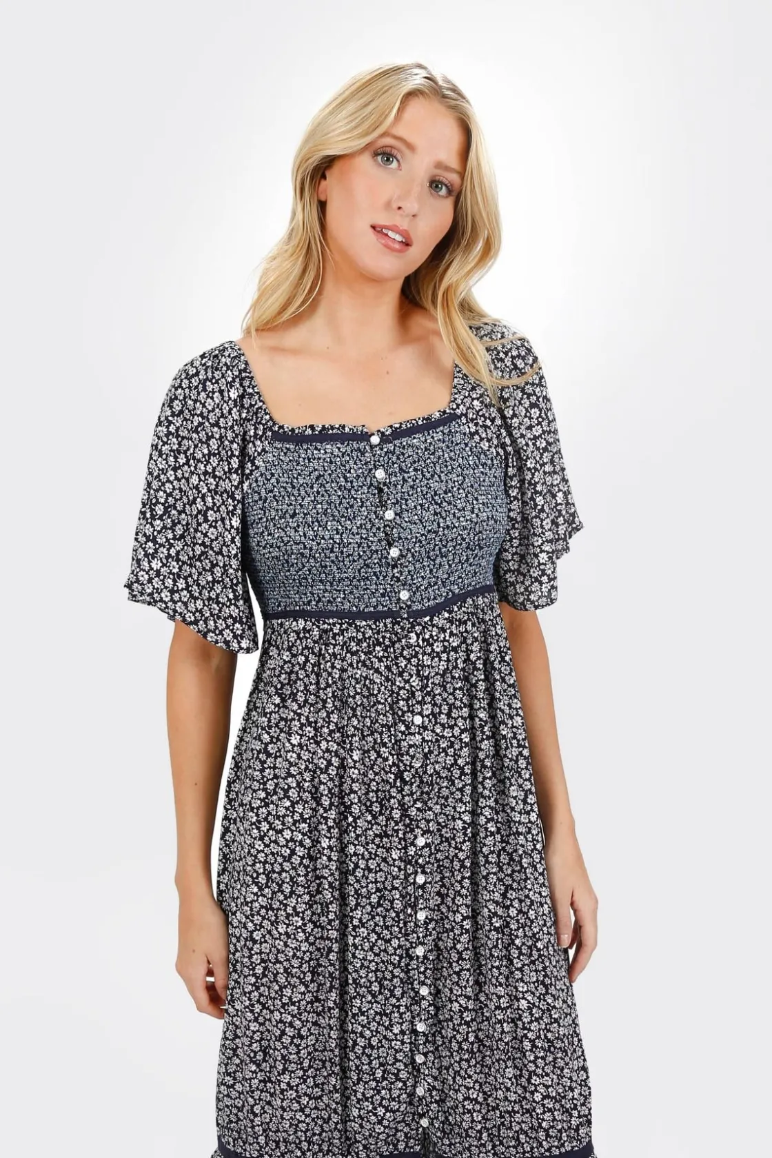 Tobi Maeve Smocked Buttoned Midi Dress - Midnight