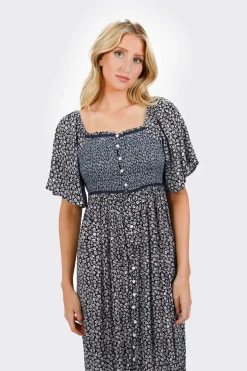 Tobi Maeve Smocked Buttoned Midi Dress - Midnight