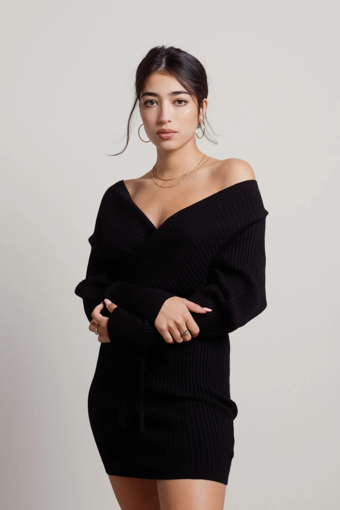 Tobi Marie Off The Shoulder Sweater Mini Dress - Beige