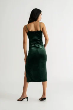 Tobi Mattie Velvet High Slit Midi Dress - Hunter Green