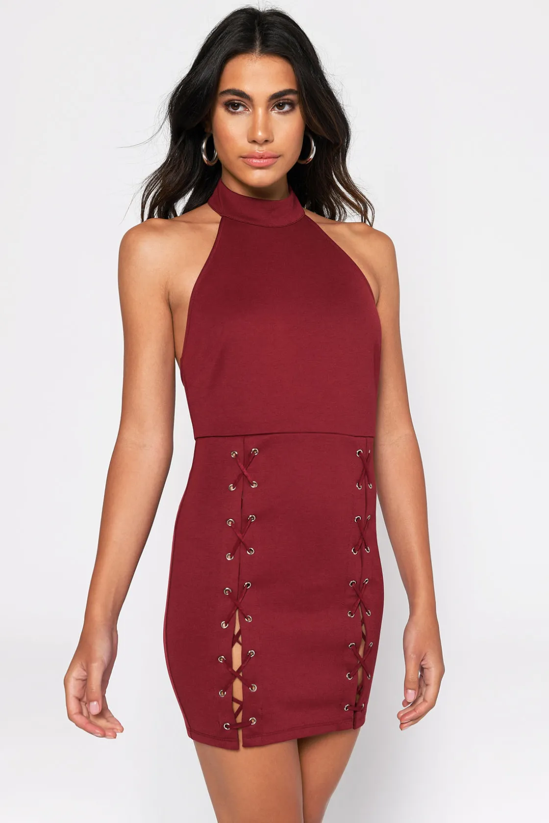 Tobi Meet Me At The Halter Lace Up Backless Mini Dress -