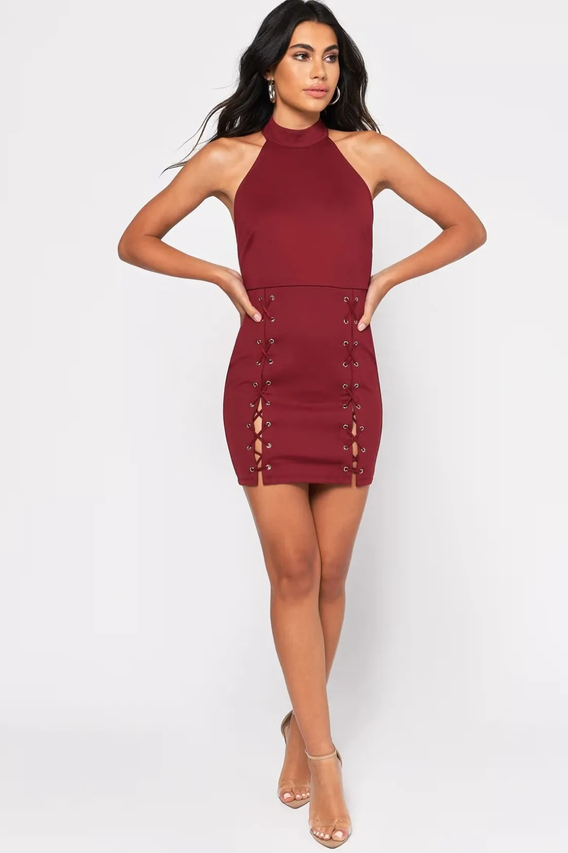 Tobi Meet Me At The Halter Lace Up Backless Mini Dress -