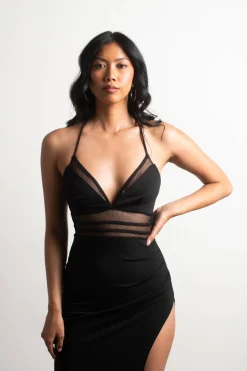 Tobi Midnight Hour High Slit Mesh Paneled Maxi Dress