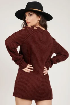 Tobi Miracle Lace Up Sweater Mini Dress - Wine
