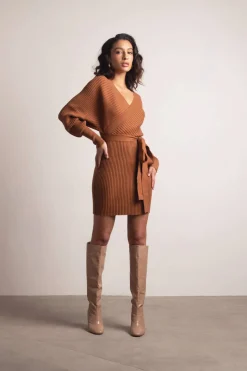Tobi Miriam Surplice Sweater Mini Dress - Brown