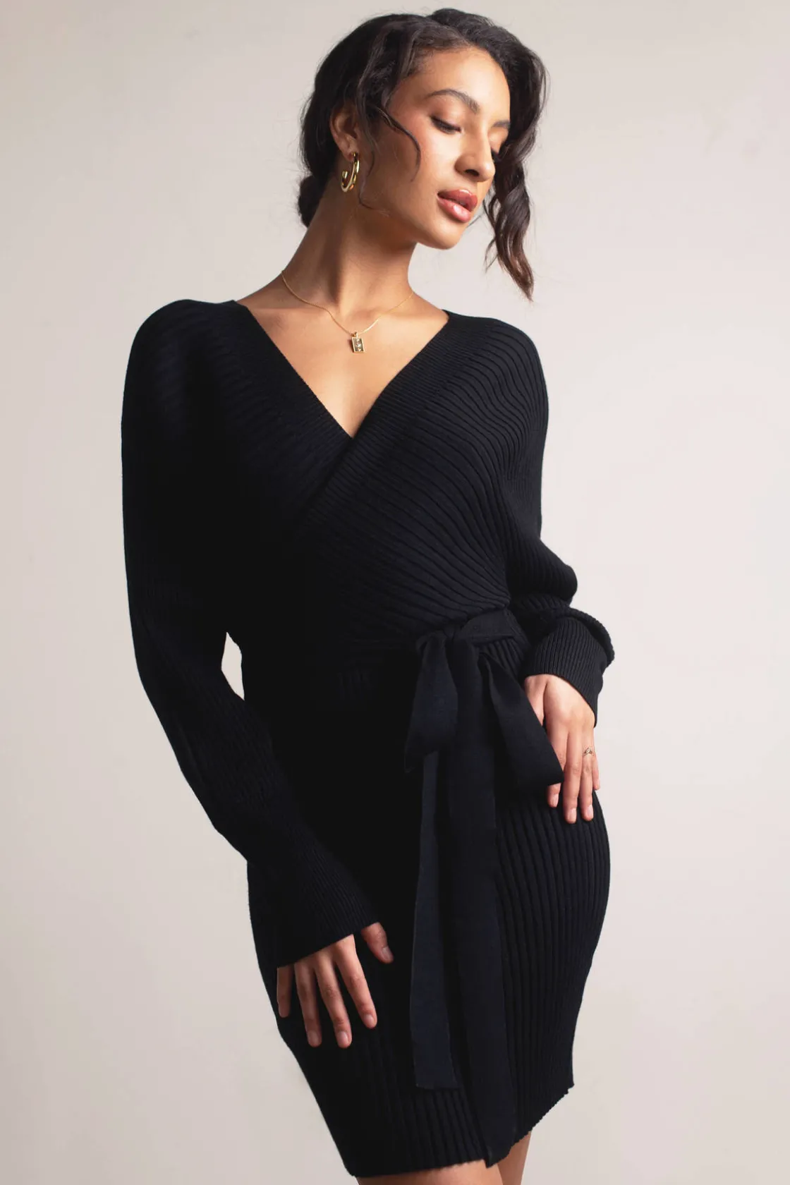 Tobi Miriam Surplice Sweater Mini Dress - Brown
