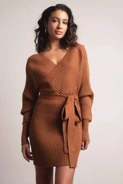 Tobi Miriam Surplice Sweater Mini Dress - Brown