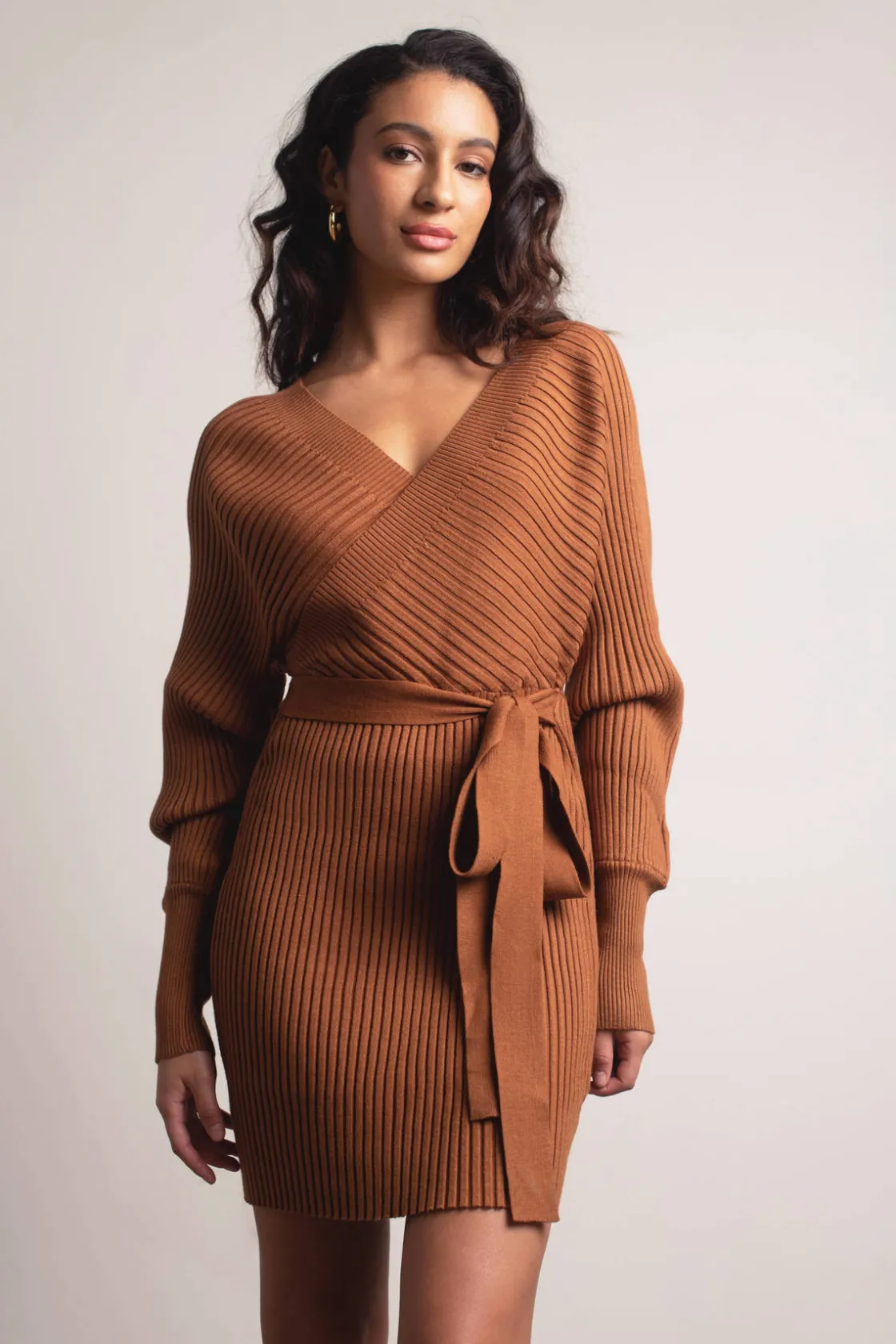 Tobi Miriam Surplice Sweater Mini Dress - Brown