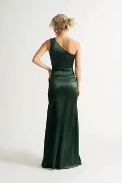 Tobi Moment In Time Hunter Green One Shoulder Satin Maxi Dress
