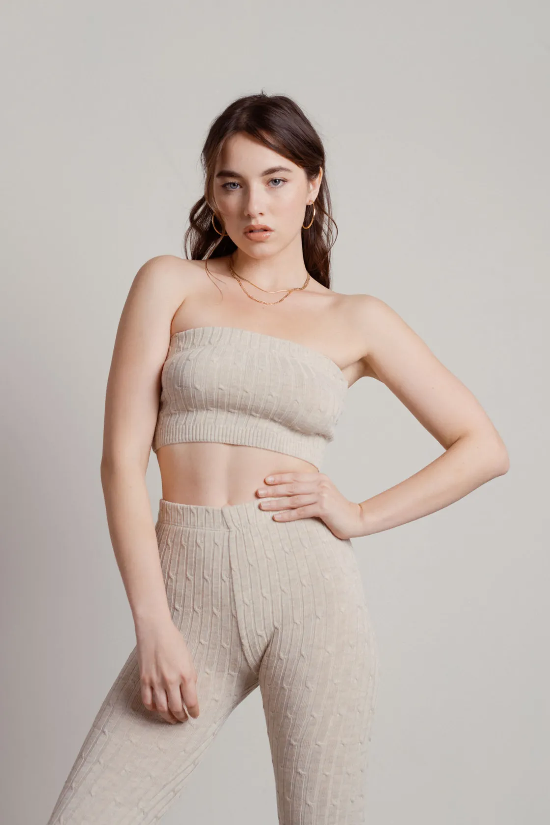 Tobi Monique Ribbed Tube Top Pants Set - Beige