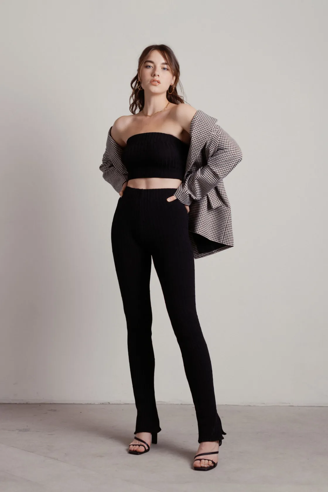Tobi Monique Ribbed Tube Top Pants Set - Beige