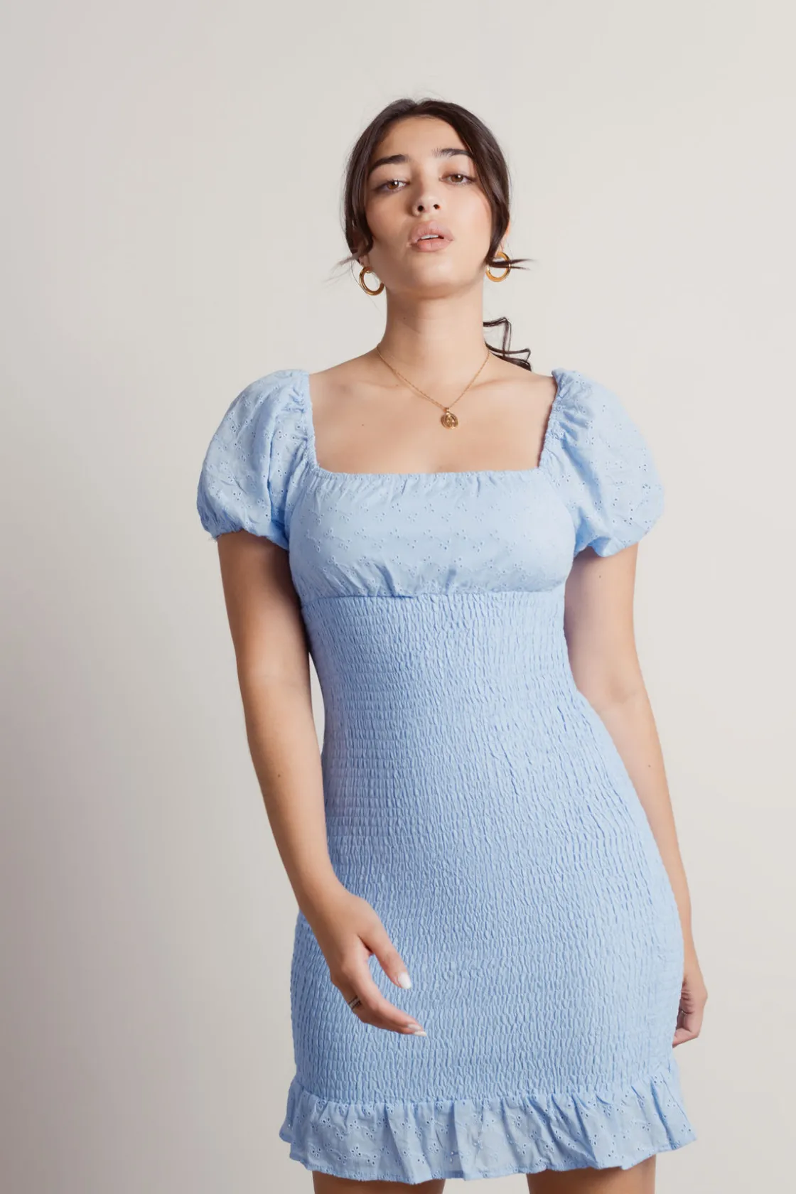 Tobi Namuro Smocked Puff Sleeve Mini Dress - Blue