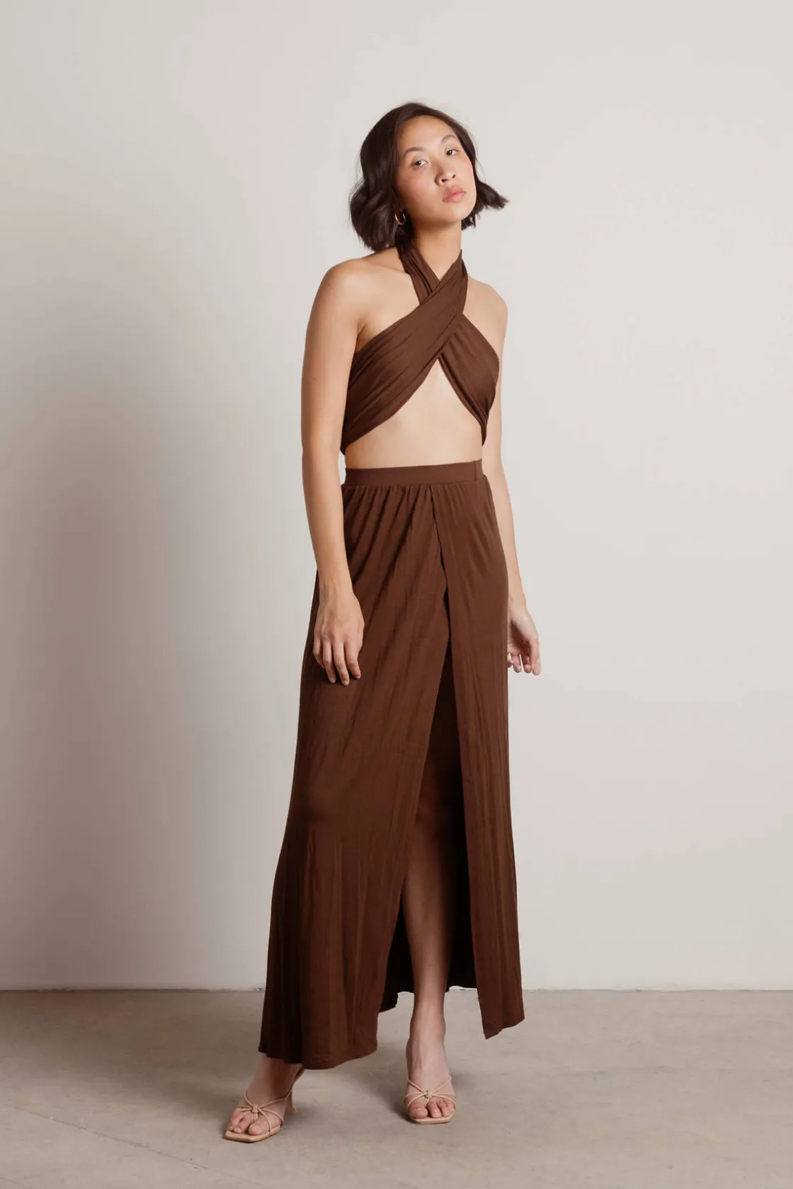 Tobi Naya Cross Halter Top And Slit Maxi Skirt Set -