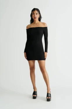 Tobi Nicki Off Shoulder Lettuce Trim Bodycon Mini Dress