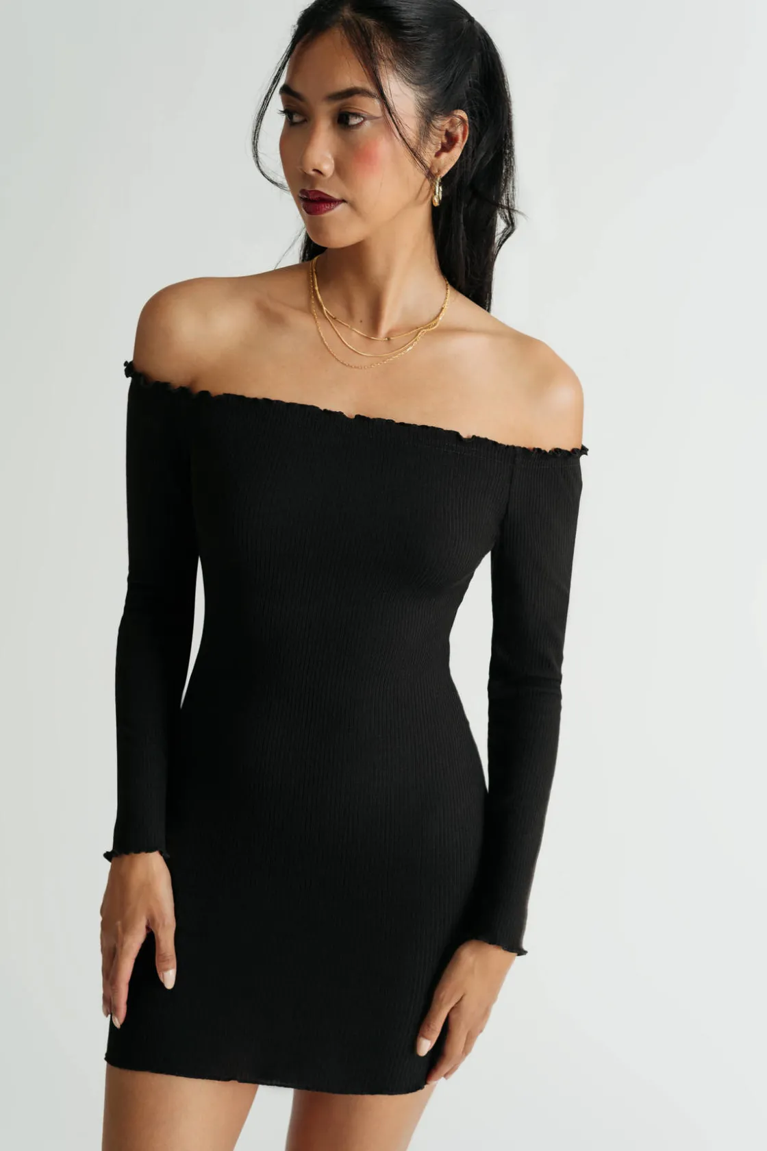 Tobi Nicki Off Shoulder Lettuce Trim Bodycon Mini Dress