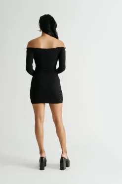 Tobi Nicki Off Shoulder Lettuce Trim Bodycon Mini Dress