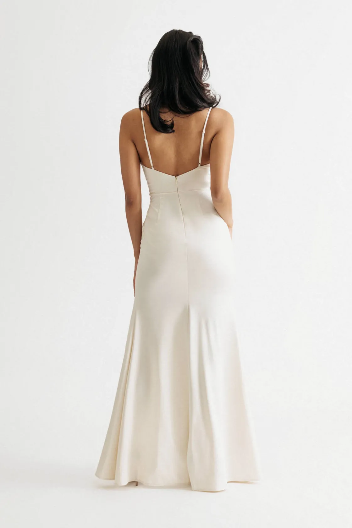Tobi Nicola Cream Satin Shirred Slit Maxi Dress