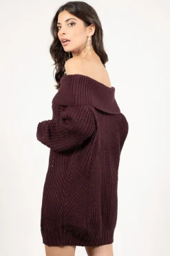 Tobi Nikki Ribbed Knit Off The Shoulder Mini Dress - Wine