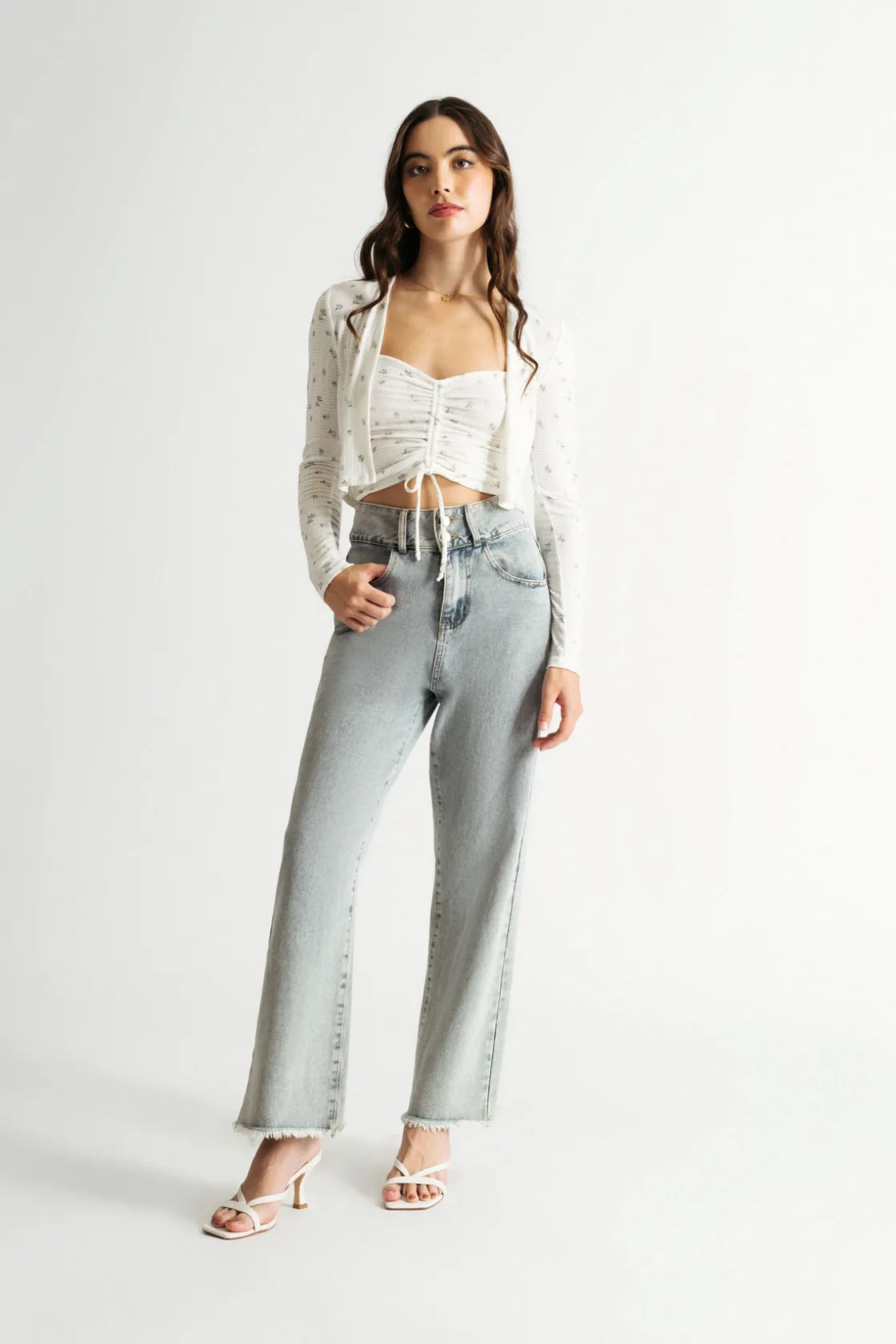 Tobi No Pics Please Floral Crop Top And Cardigan Set - Ivory