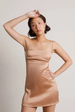 Tobi Nothing But Trouble Satin Open Back Mini Dress - Tan