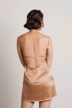 Tobi Nothing But Trouble Satin Open Back Mini Dress - Tan