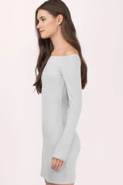 Tobi Off My Shoulder Ribbed Bodycon Mini Dress - Grey