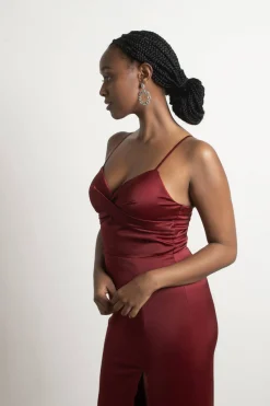Tobi One More Night Satin High Slit Maxi Dress - Burgundy
