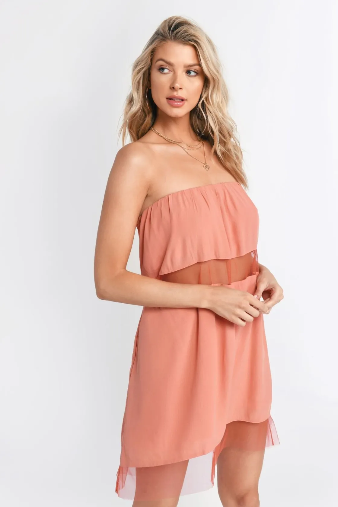 Tobi Only Girl Strapless Mesh Hem Mini Dress -