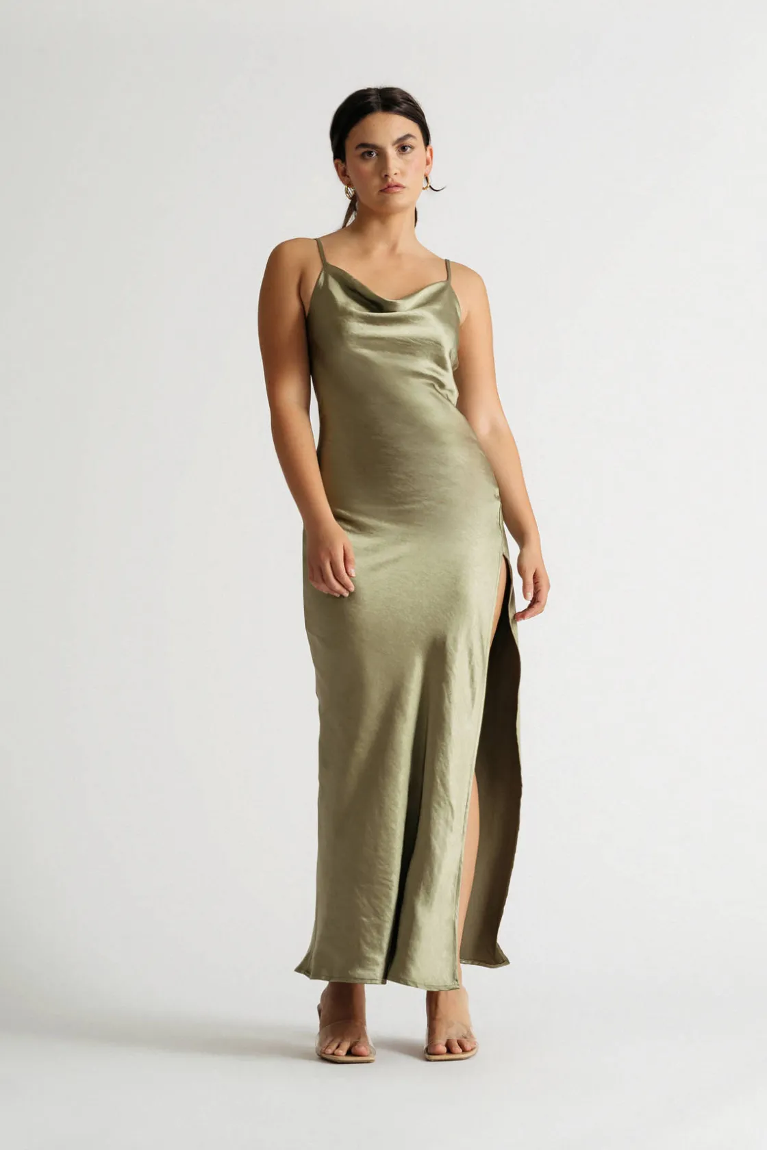 Tobi Our Moment Sage Cowl Neck Satin Slit Maxi Dress