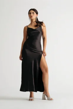 Tobi Our Moment Sage Cowl Neck Satin Slit Maxi Dress