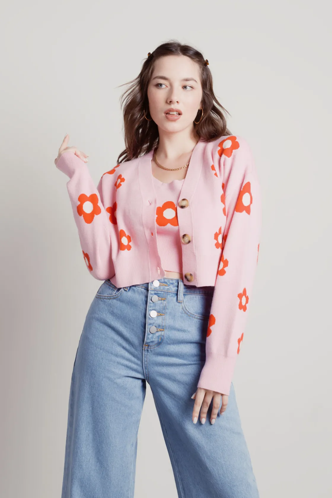 Tobi Paint By Flowers Floral Print Cardigan - Strawberry Pink