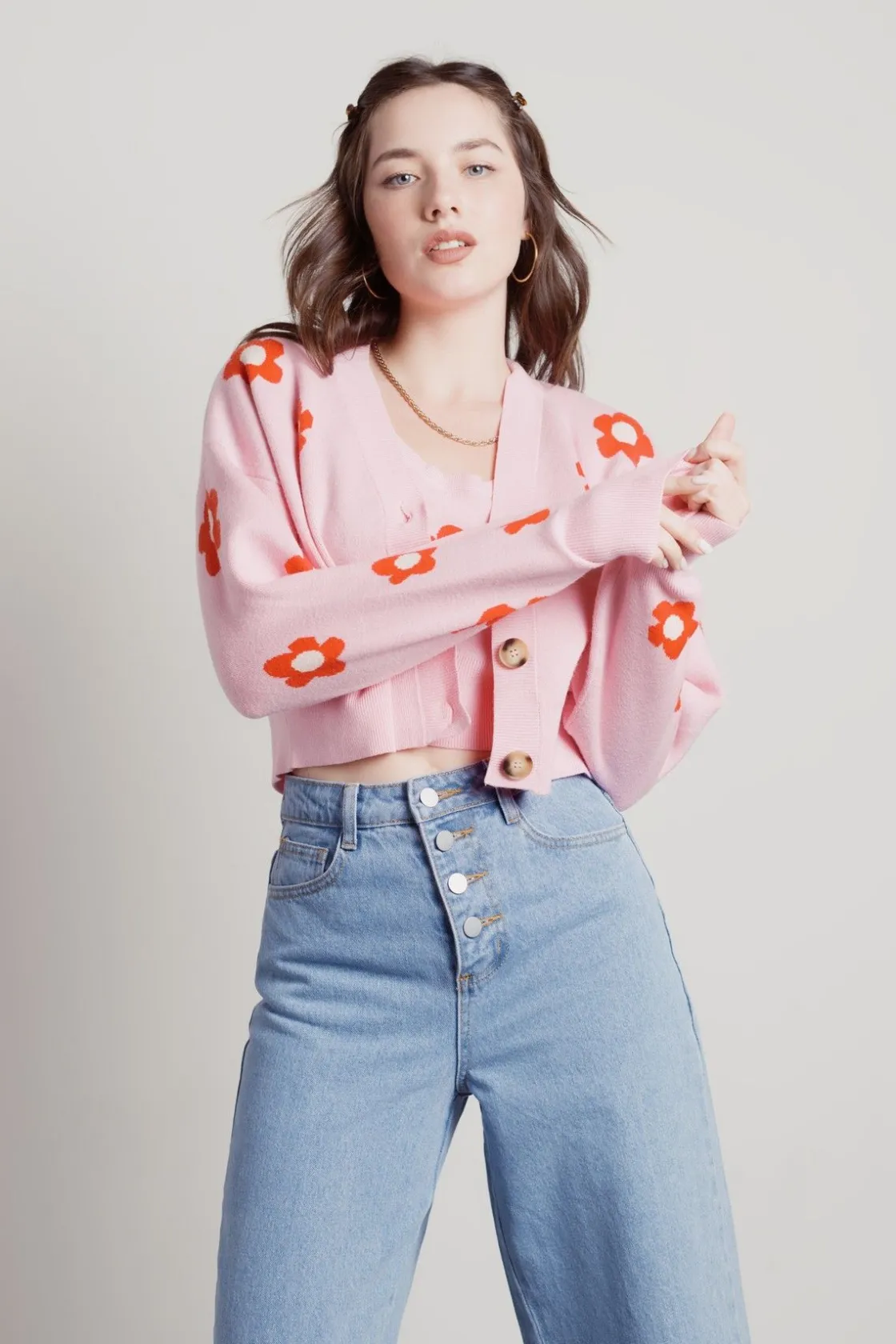 Tobi Paint By Flowers Floral Print Cardigan - Strawberry Pink