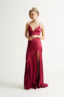 Tobi Peisinoe Satin High Slit Maxi Dress - Black