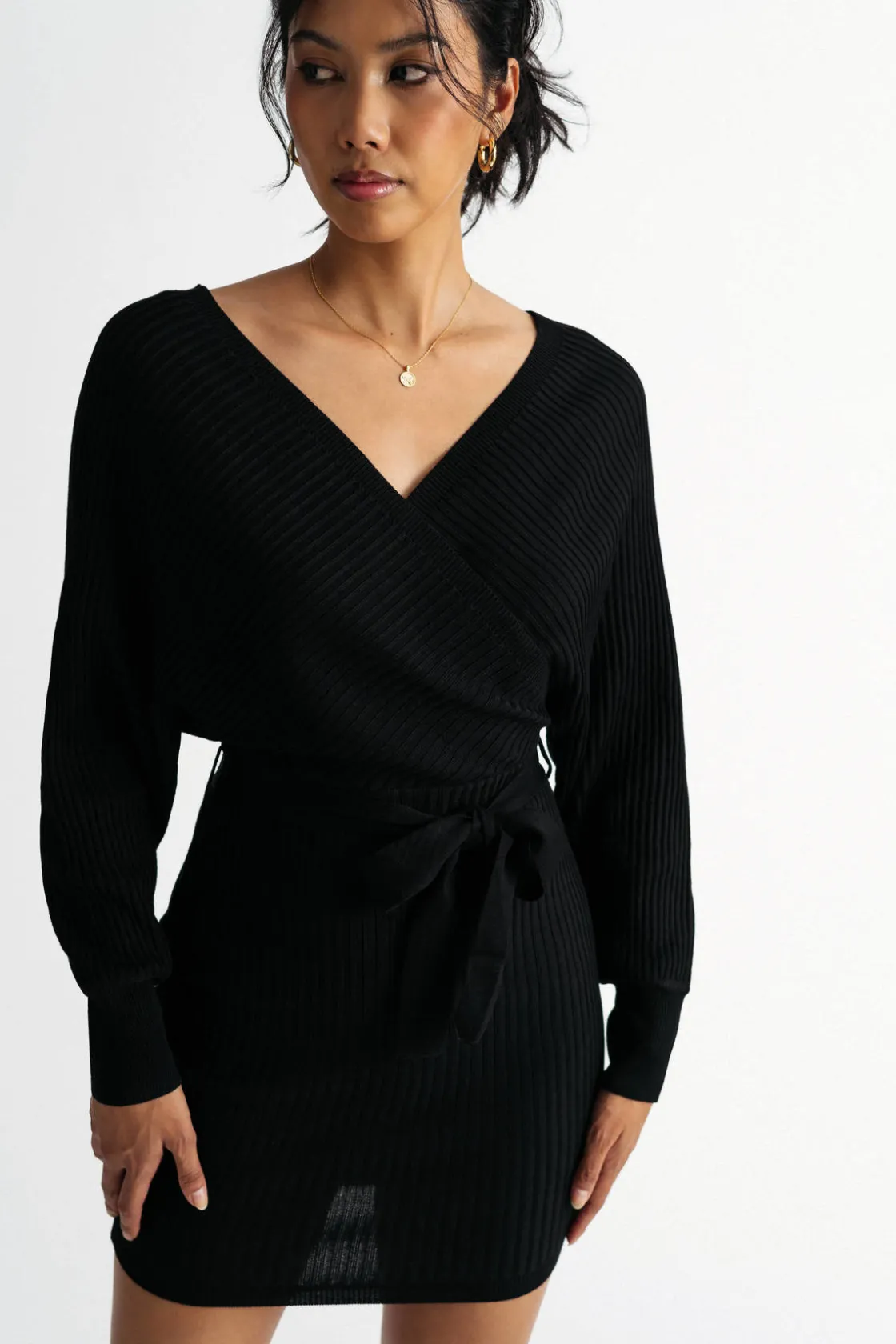 Tobi Rachael Wrap Sweater Mini Dress - Black