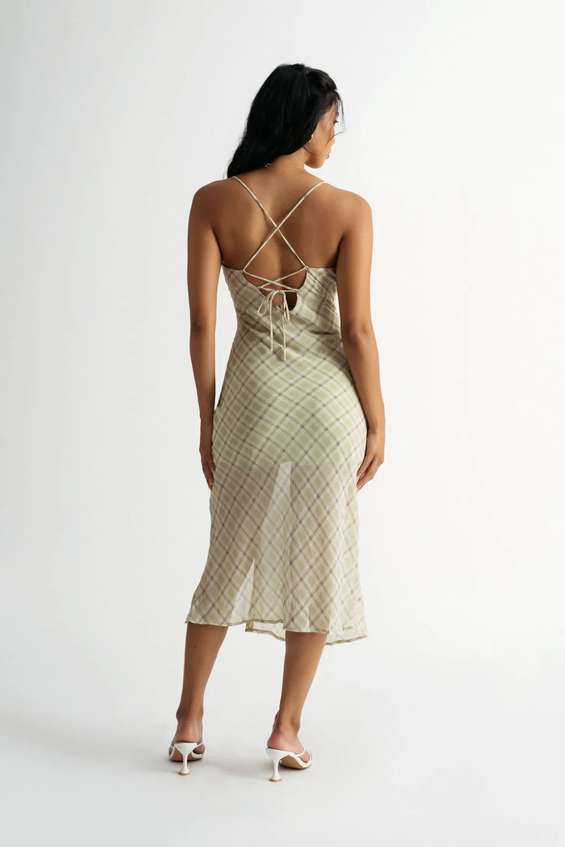Tobi Ramie Plaid Cowl Neck Midi Dress -