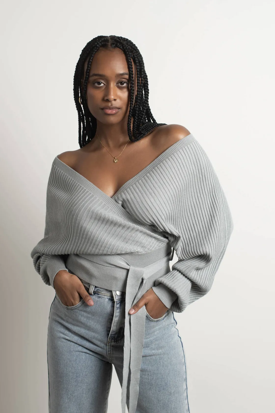 Tobi Relax Sweetie Wrap Tie Sweater - Grey