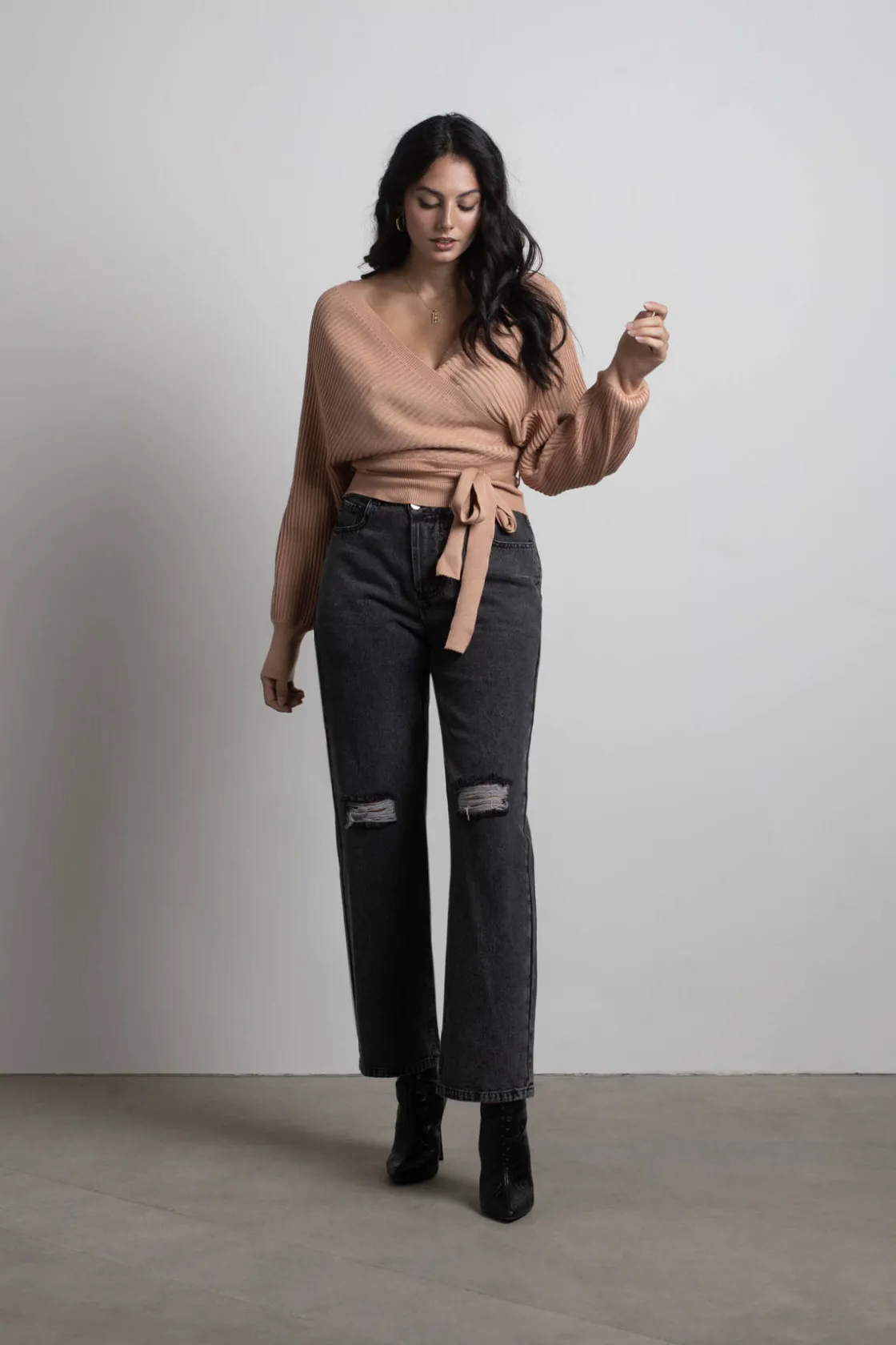 Tobi Relax Sweetie Wrap Tie Sweater - Grey