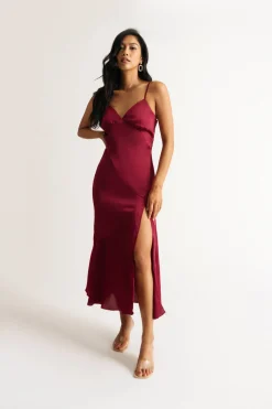 Tobi Rylie Satin High Slit Midi Dress - Navy