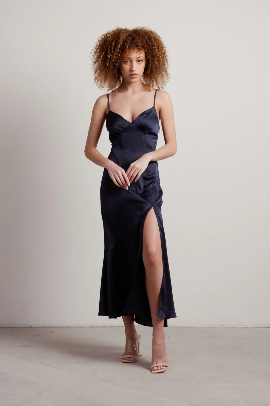 Tobi Rylie Satin High Slit Midi Dress - Navy