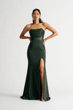 Tobi Sabrina Strapless Lace Satin Slit Maxi Dress