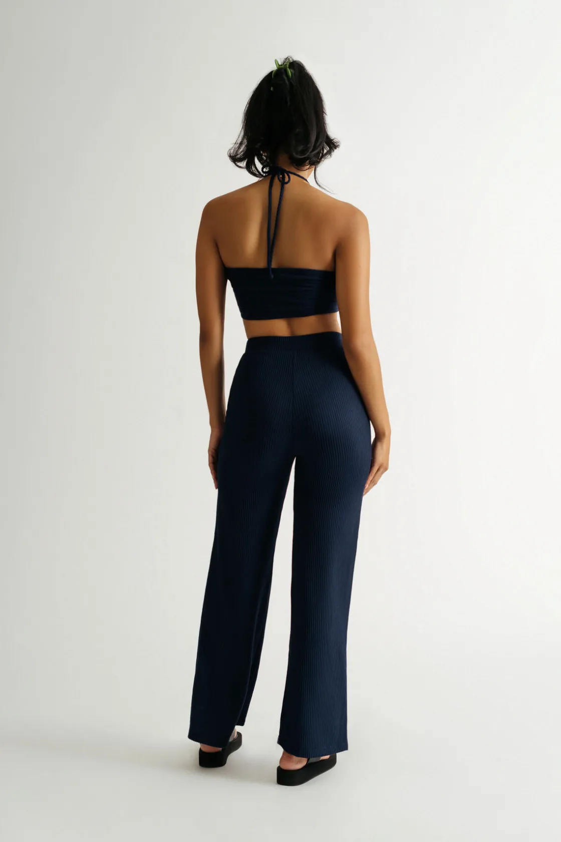 Tobi See You Around Ribbed Halter Crop Top Pants Set - Navy