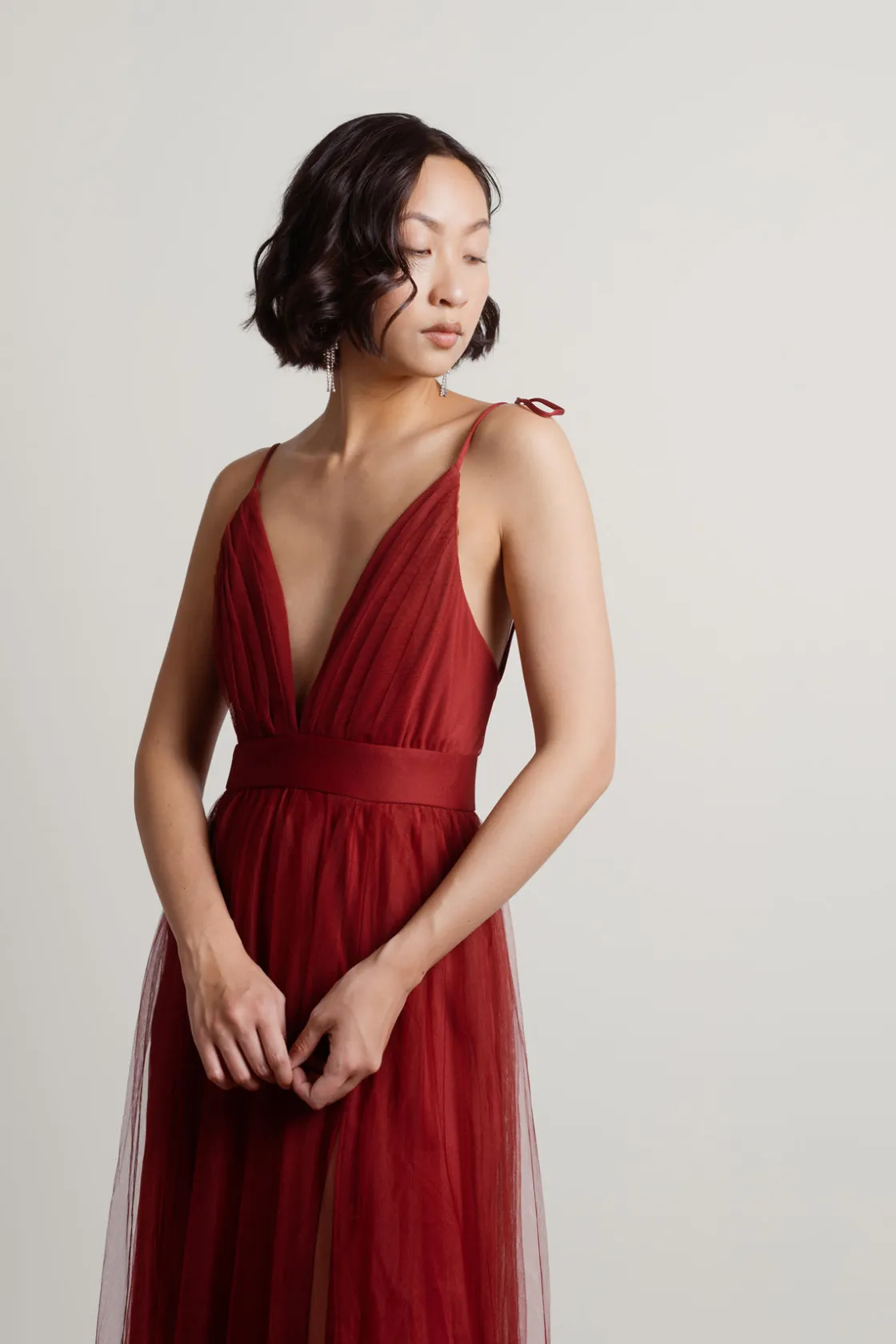 Tobi Slay The Night Deep V Double High Slit Maxi Dress - Burgundy