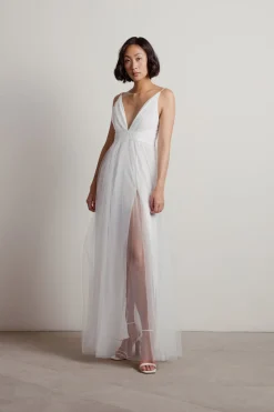 Tobi Slay The Night Deep V Double High Slit Maxi Dress - Burgundy