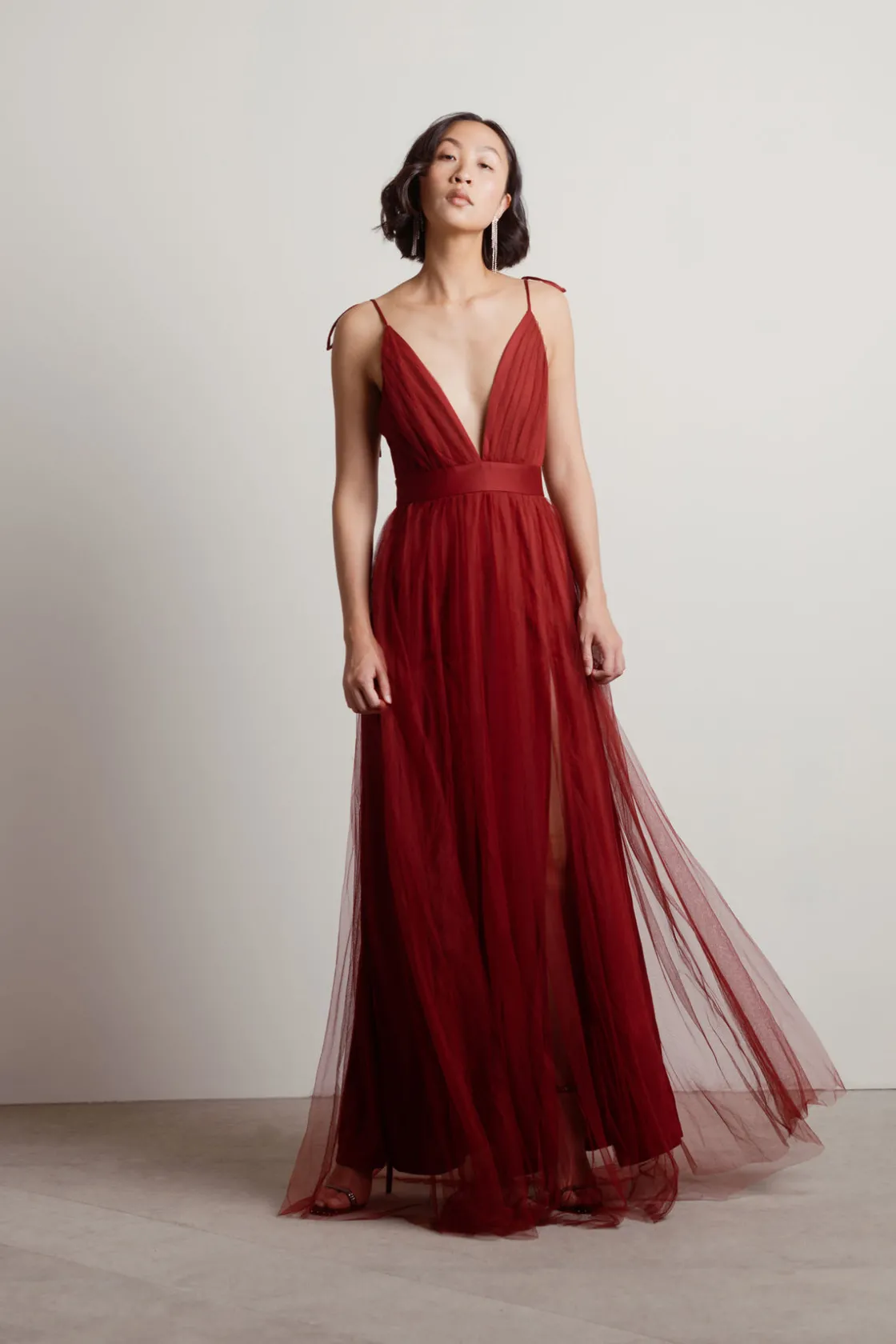 Tobi Slay The Night Deep V Double High Slit Maxi Dress - Burgundy